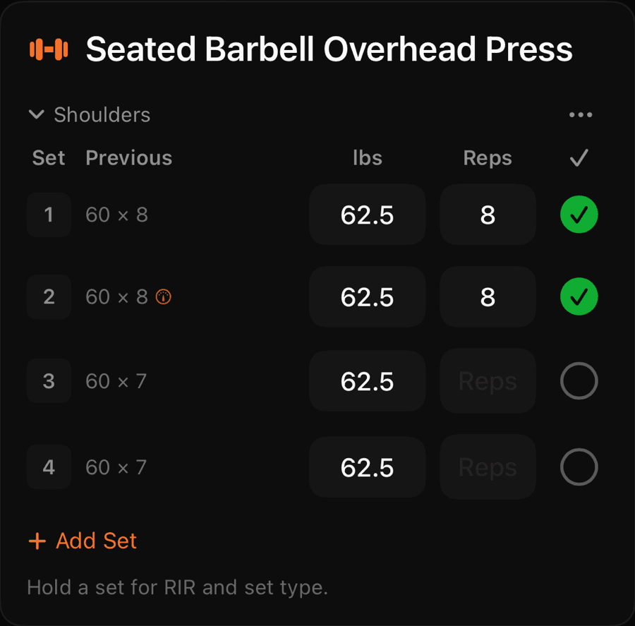 The workout logger: sets of seated barbell overhead press with previous values, weight, reps, and completion checks.